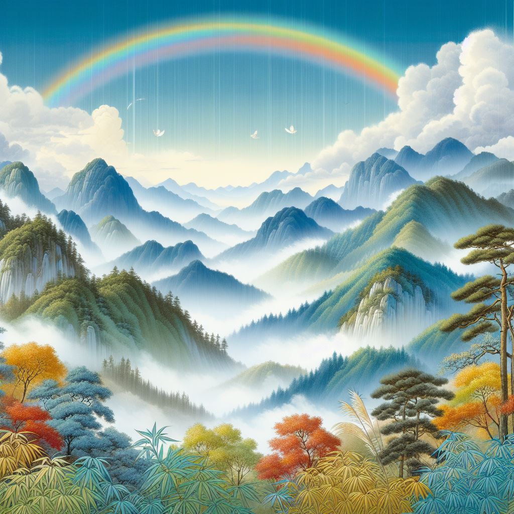 断虹霁雨，净秋空，山染修眉新绿。 Poster